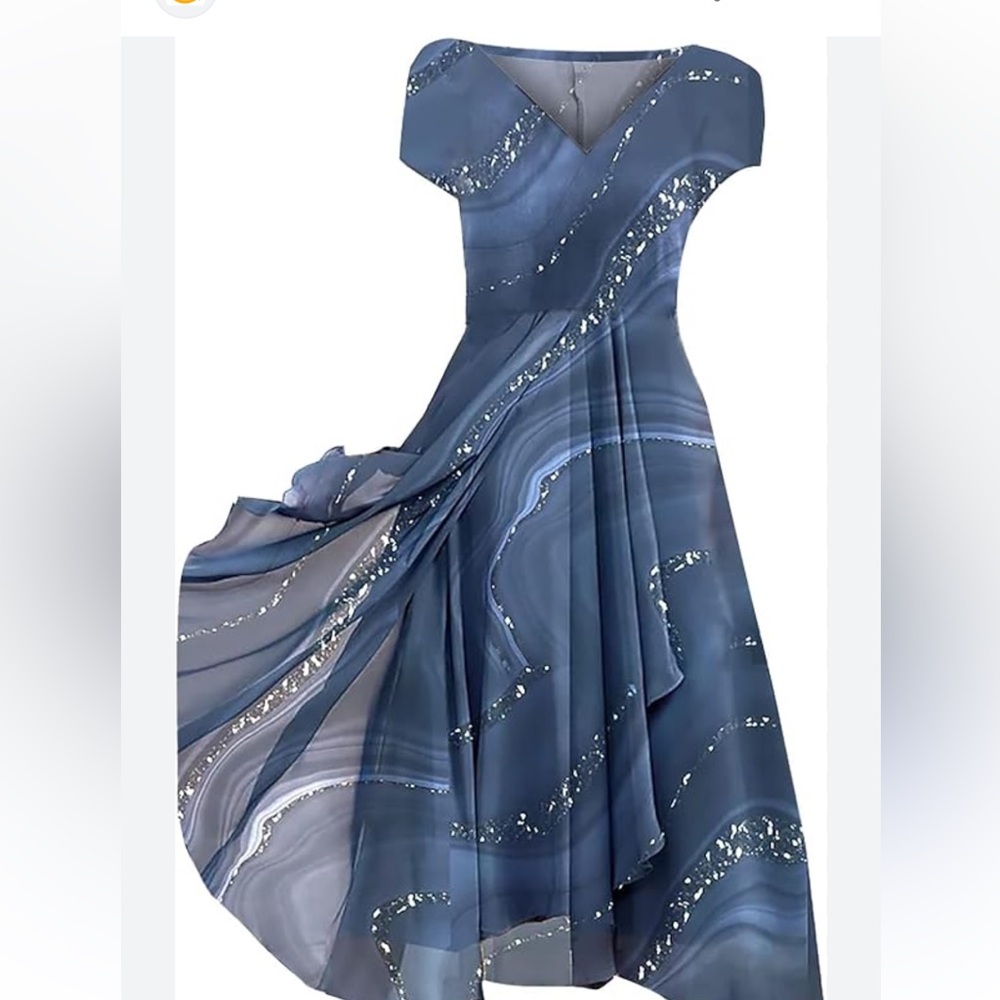 Beautiful Blue White Layered /Asymmetrical Hem -V-Neck Flowy Dress- NWOT- SzM ☀️ - Picture 7 of 9